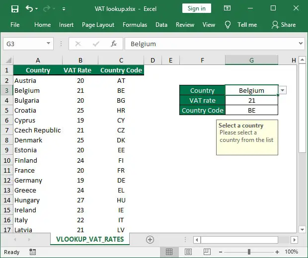 Select VAT rate using VLOOKUP
