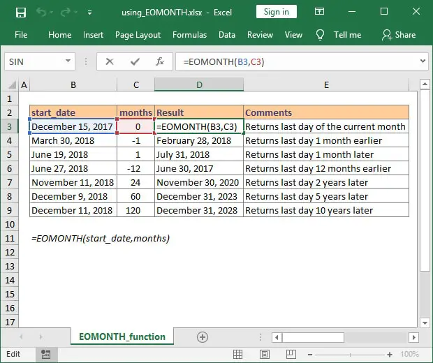 How to use EOMONTH function in Excel