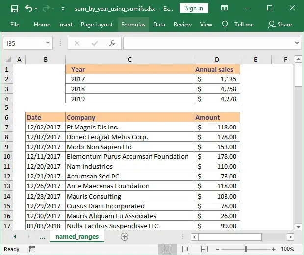 Yearly sales using SUMIFS