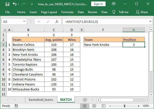 How to use MATCH function in Excel