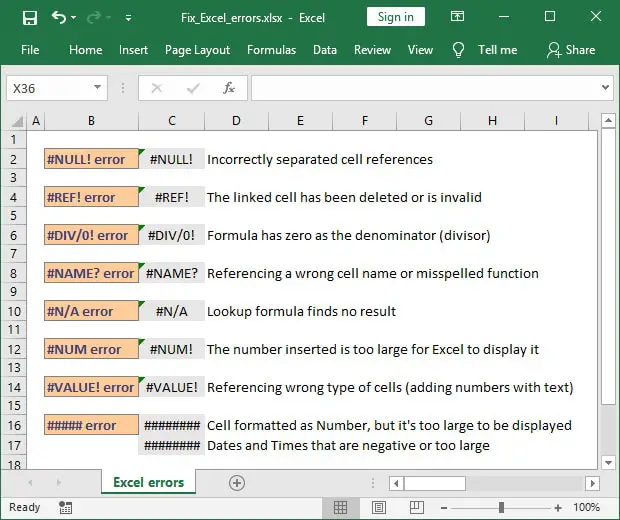 Excel error messages