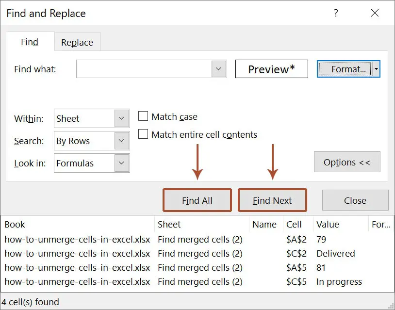 All merged cells in the active worksheet are displayed.