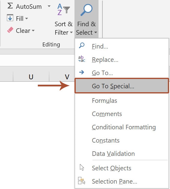 Navigate to Home tab / Editing group / Find & Select / Go To Special