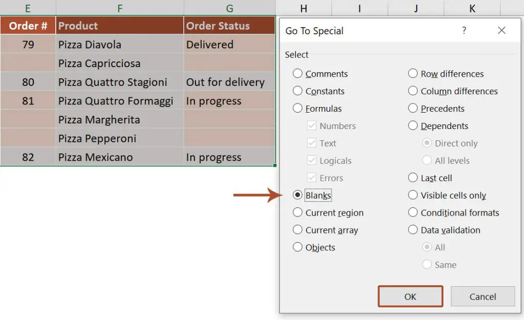 Select blank cells in Excel using Go To Special dialog box