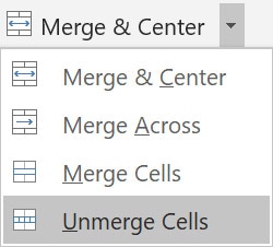 To split the current cell into multiple cells click Merge & Center and select Unmerge Cells.