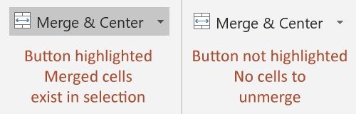 If Merge & Center is highlighted you can press it to unmerge all cells.