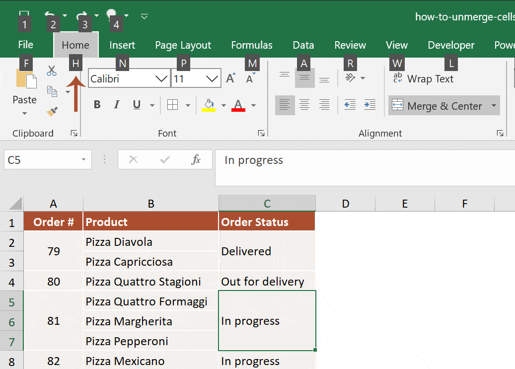 shortcut for merge and center in excel mac