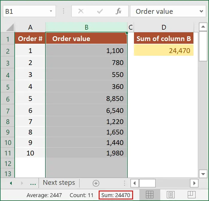 How to add an entire column in Excel