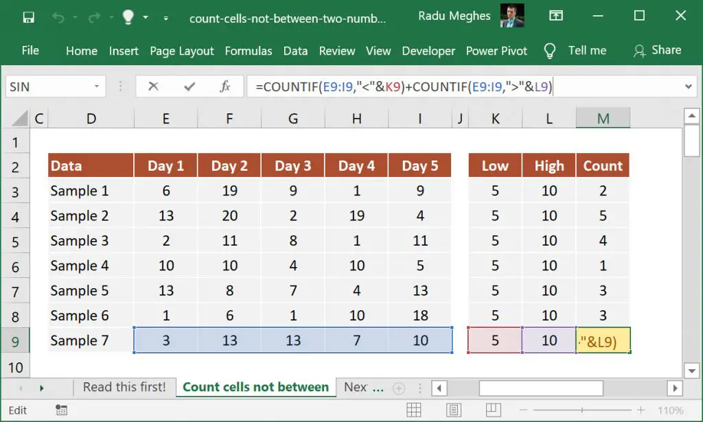 Formula to count cells not between two numbers using COUNTIF