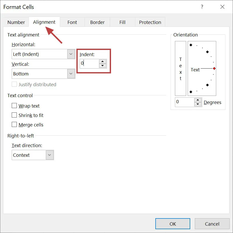The Alignment tab of the Format Cells dialog box.