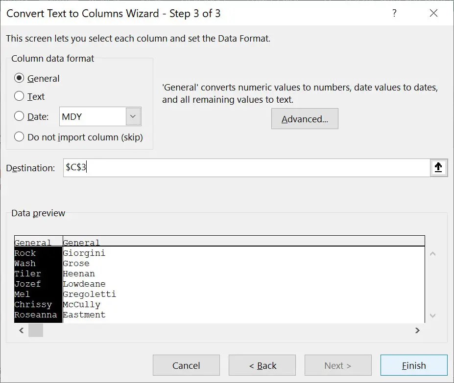 Select the Column data format and the Destination