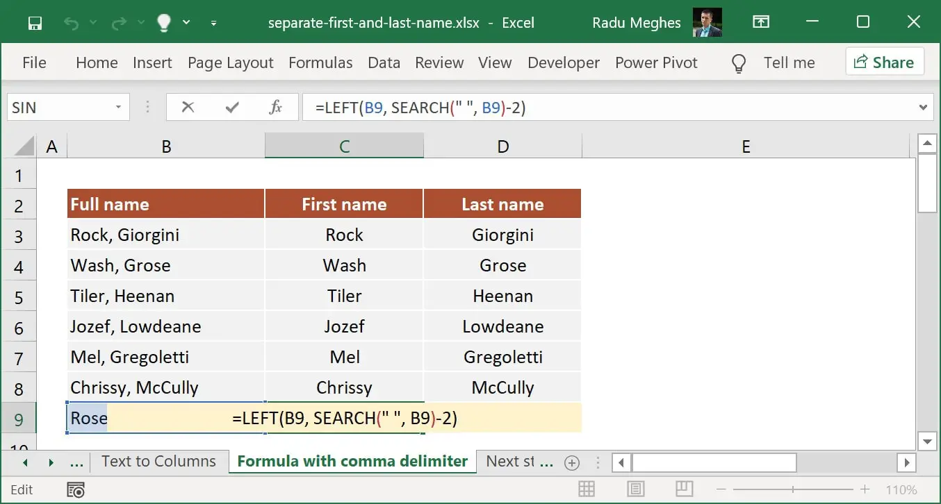 Formula to separate first name in Excel for comma and space separated names