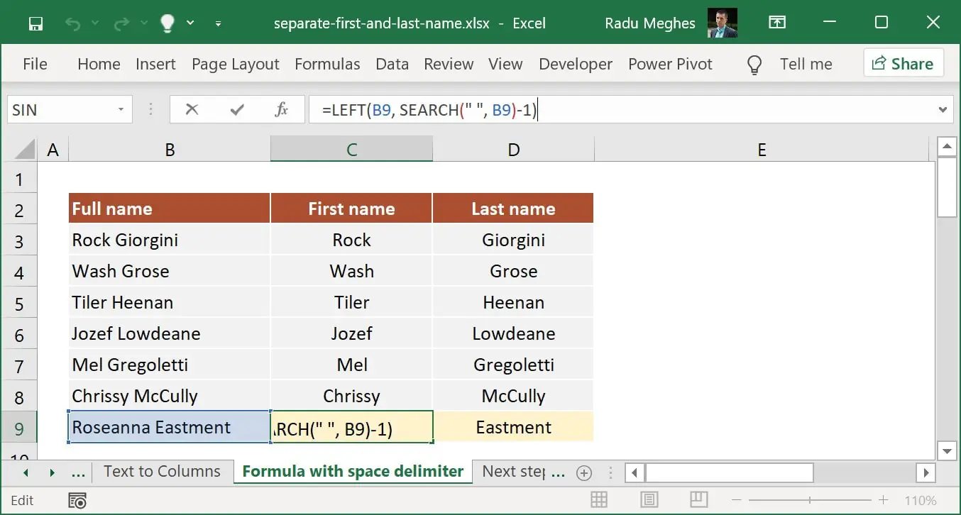Formula to separate first name in Excel