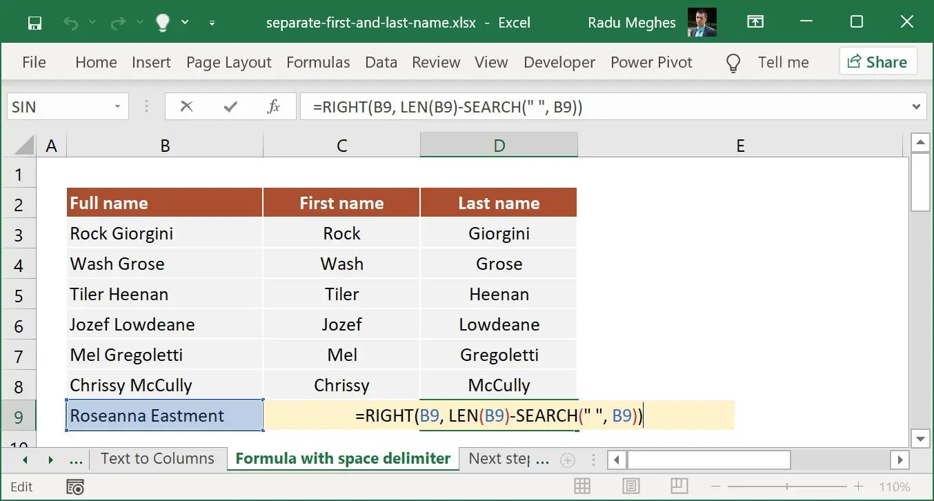 Formula to separate last name in Excel