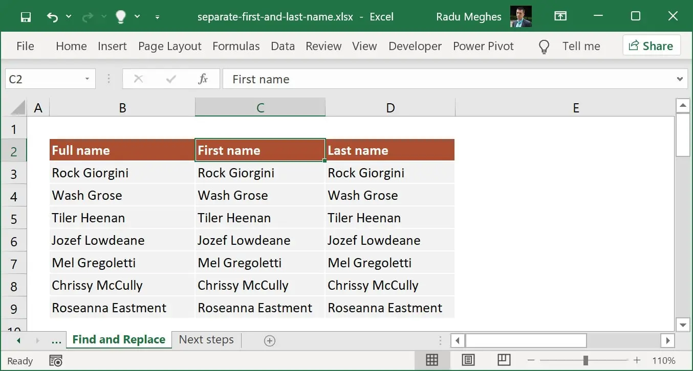 Preparing data to separate names using Find and Replace