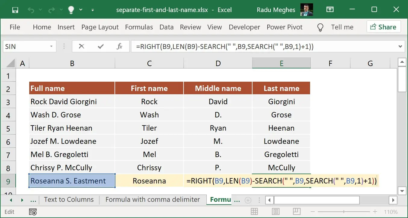 How to split last name in Excel