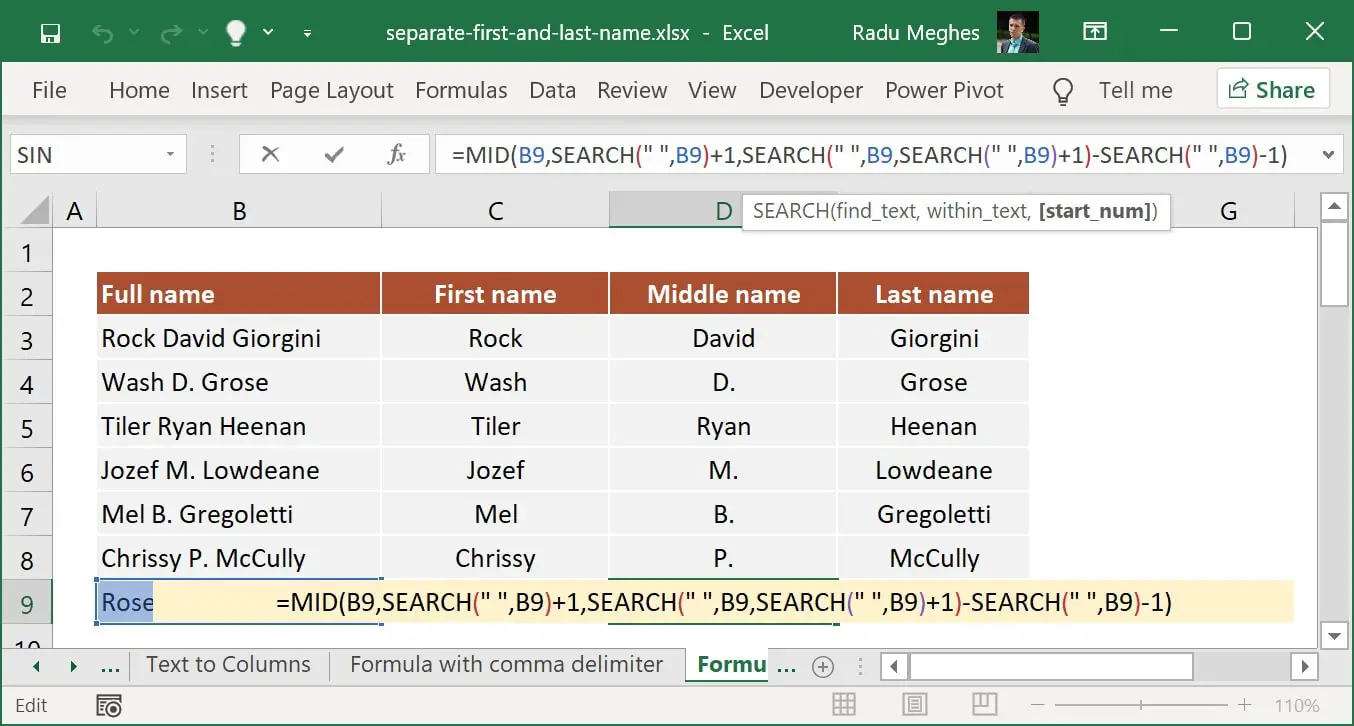 How to split middle name or middle name initial in Excel