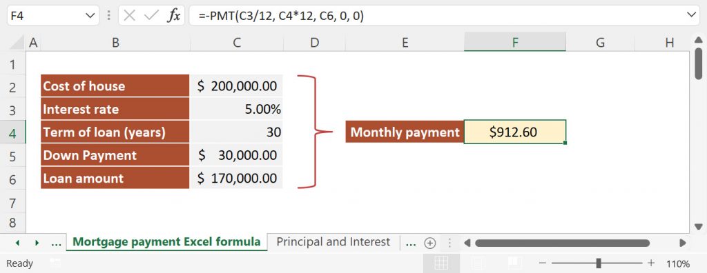 Excel example to calculate monthly loan payment using PMT function