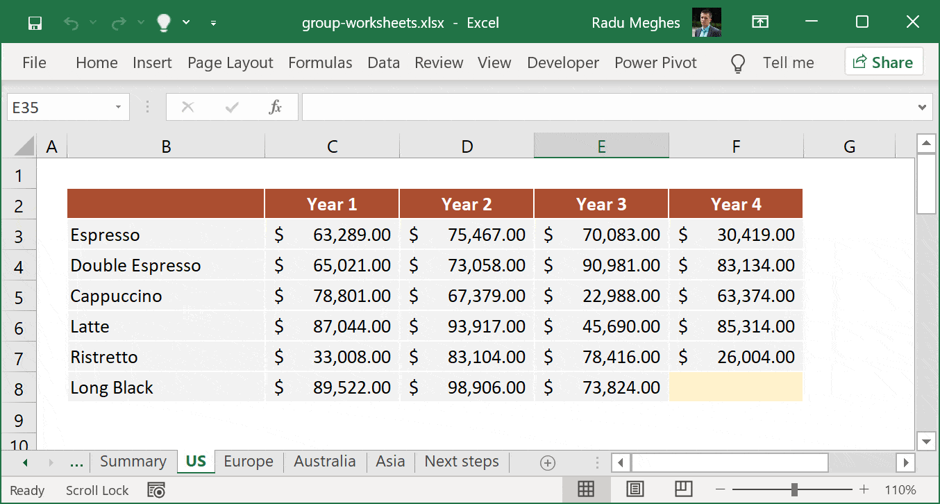 How to group all worksheets in a workbook