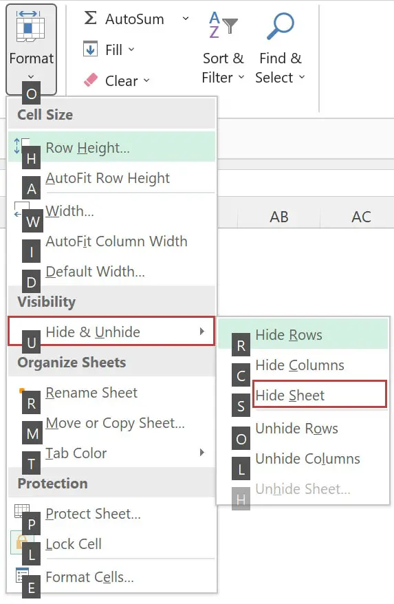 How to hide worksheets in Excel using a keyboard shortcut