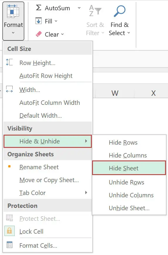 Hide worksheets in Excel using the ribbon menu