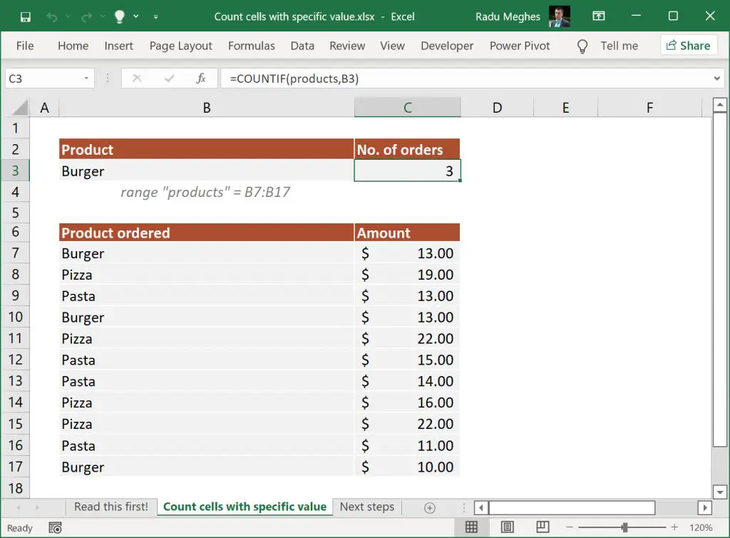 Count cells equal to a specific value