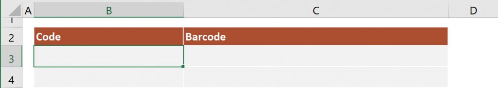 Create two columns named Code and Barcode.