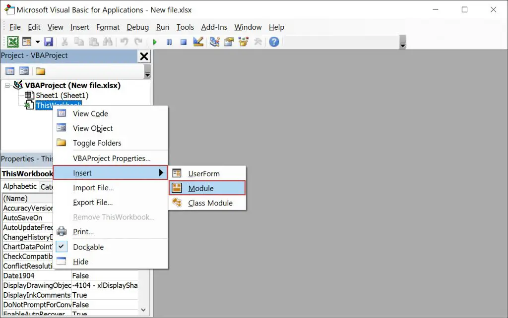 Insert a new VBA code module.