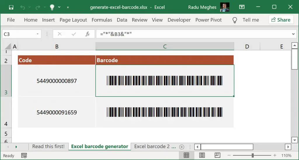 Create barcode in Excel using a custom font and a simple formula.