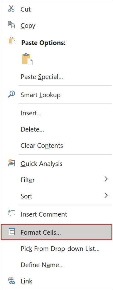 Right-click on any selected cells and choose Format Cells.