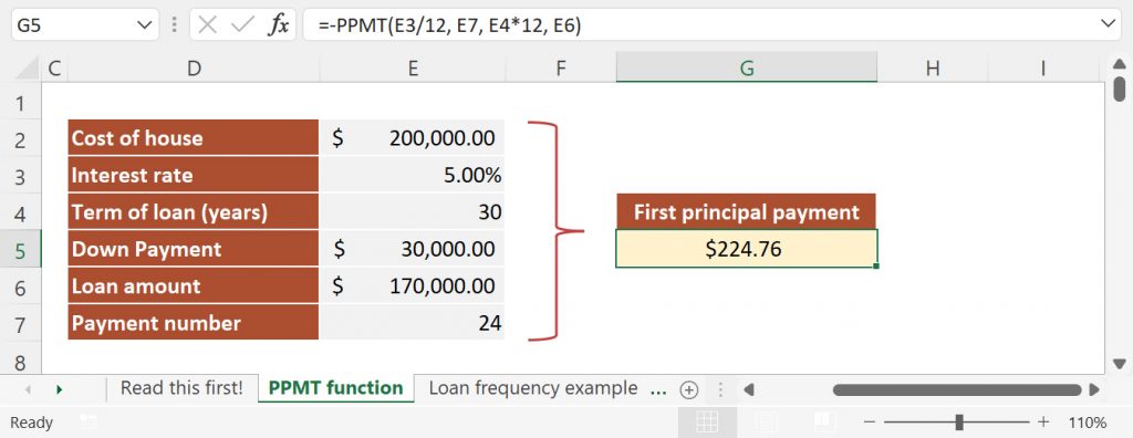 How to use PPMT function in Excel to calculate the principal portion for a given period of a loan