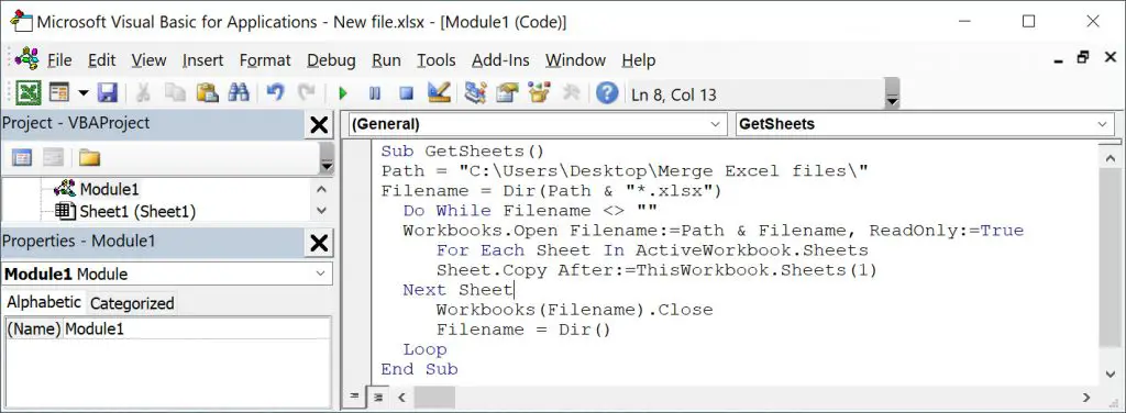 Insert the VBA code to merge files