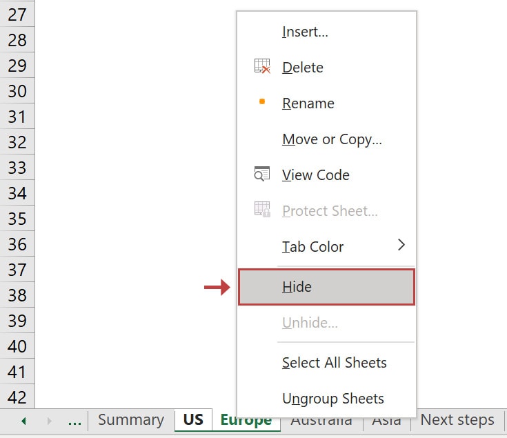 How to hide sheets in Excel with right-click menu