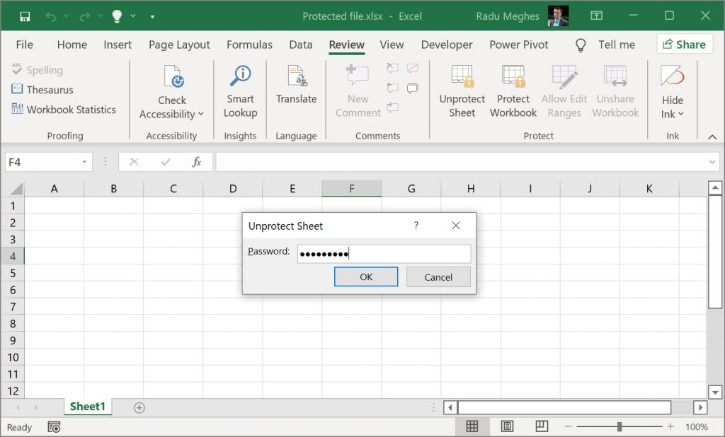 Insert password to Unprotect the  Excel Sheet