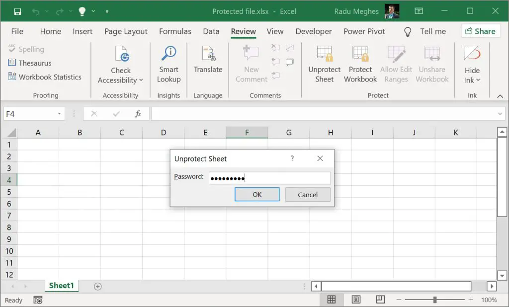 Insert password to Unprotect the  Excel Sheet