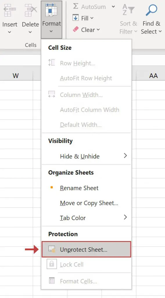 Unprotect sheet using the Format Cells menu