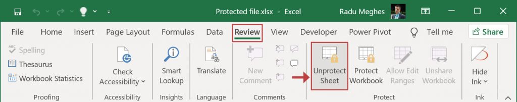 Remove password from Excel using the Review tab