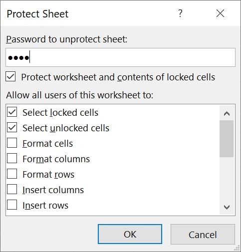 Select the actions you want the users to be able to perform on locked cells
