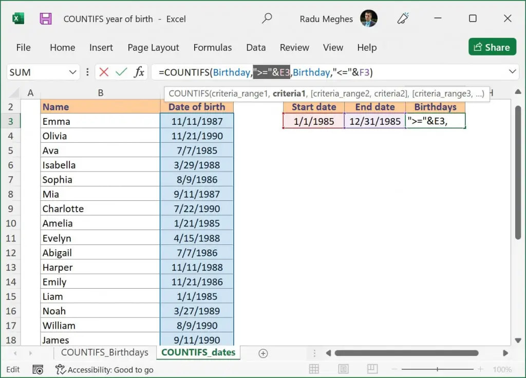 COUNTIFS formula with dates