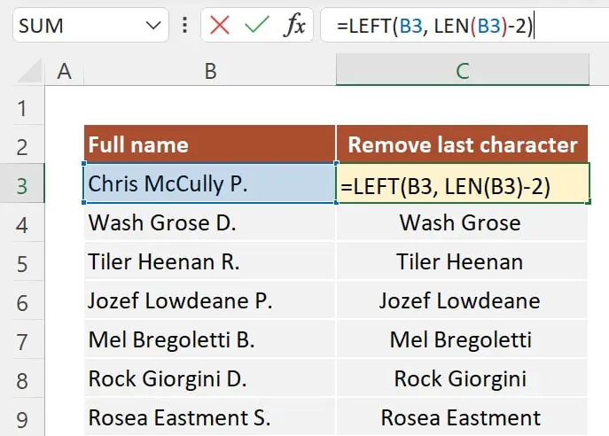 LEFT and LEN formula to remove the characters from the right