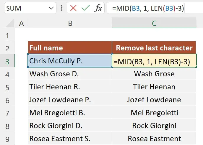 MID and LEN formula to remove the last characters from strings in Excel