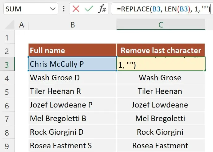 REPLANCE and LEN formula to remove the last character in Excel