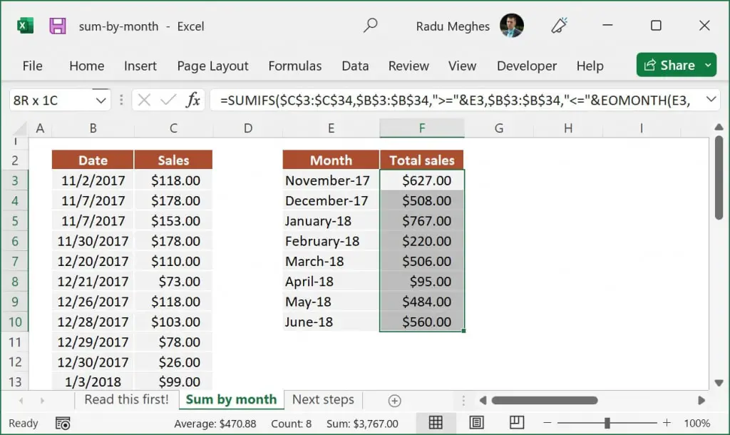 Sum by month in Excel using SUMIFS formulas