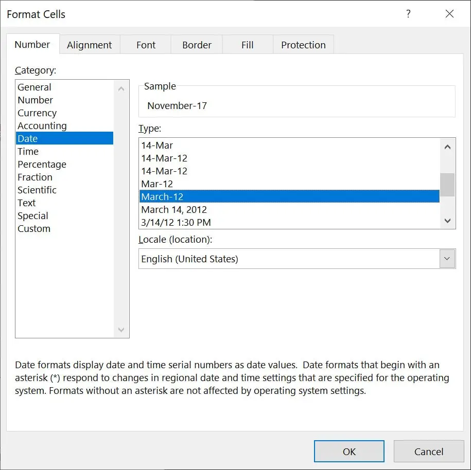 Select the date format from the Format Cells dialog box