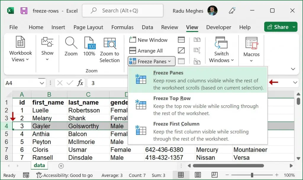 How to freeze multiple rows in Excel