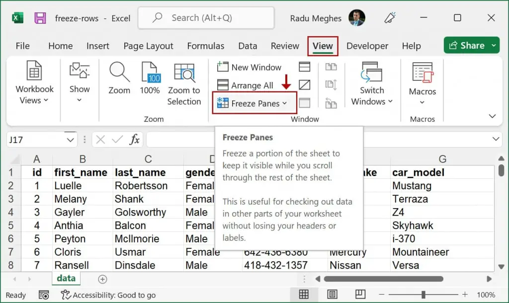 Freeze Panes menu located in the View tab