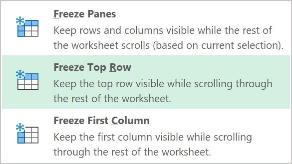 Click on the Freeze Top Row option