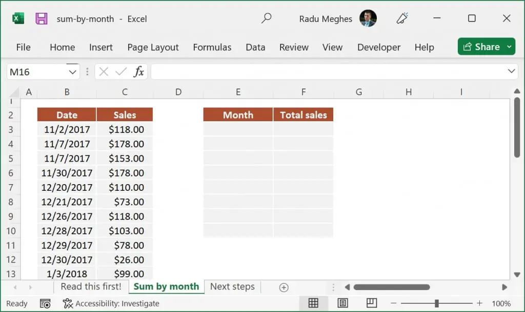 Table with sales