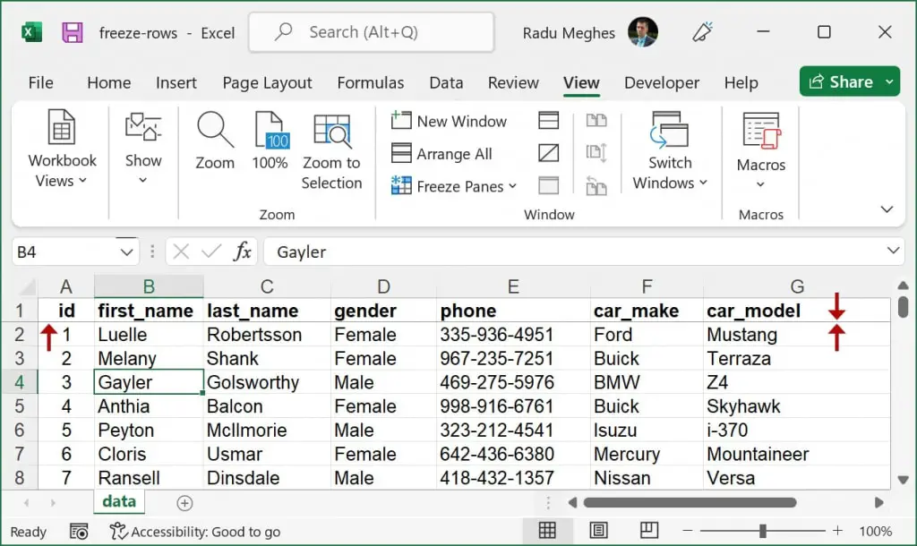 Top row of Excel sheet is locked for scrolling