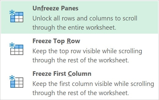 Unfreeze Panes option